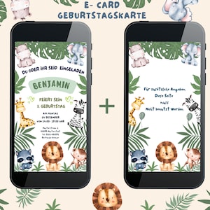Convite digital Safari Jungle, convite de aniversário do telefone da selva, convite para smartphone Safari Jungle Animals, cartão eletrônico, por exemplo. Whatsapp