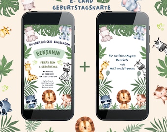 Digital Safari Dschungel Einladung, Dschungel Telefon Geburtstag Einladung, Safari Dschungel Tiere Smartphon Einladung, E Card, ZB. WhatsApp