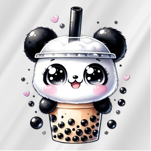 Pode incluir: Um panda de desenho animado fofo usando um chapéu preto e branco com olhos grandes e um sorriso, segurando uma xícara de chá de boba com pérolas de tapioca.
