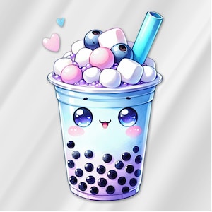 Op de afbeelding: Een blauwe en paarse cartoon boba-thee met een rietje, bedekt met marshmallows, blauwe bessen en boba-parels. De boba-thee heeft een schattig gezicht met grote ogen en een glimlach.