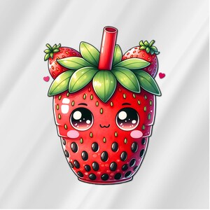 Op de afbeelding: Een cartoon aardbei met een rietje, groene bladeren en een schattig gezicht. De aardbei is rood met zwarte zaadjes en heeft de vorm van een beker.