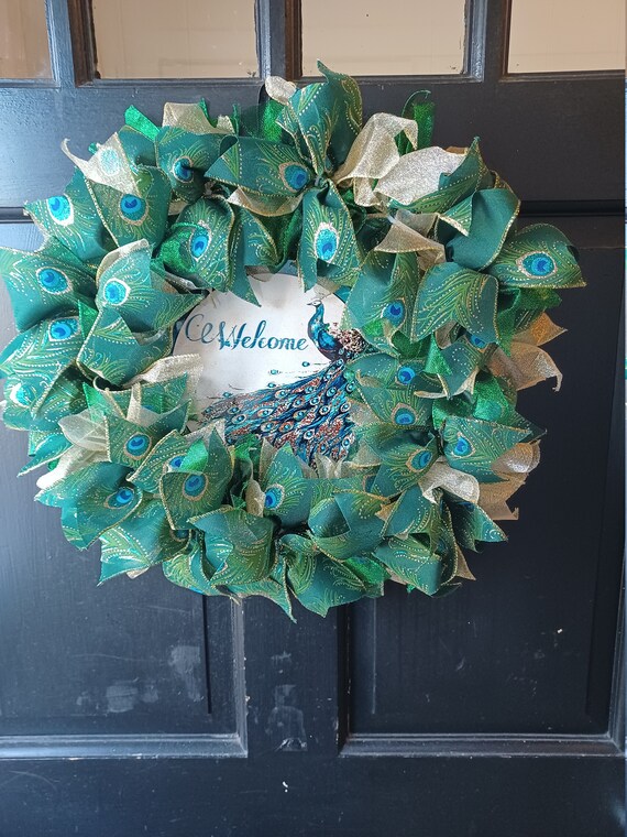 14 Inch Wreath Form Welcome Peacock Ribbon Wreath Door Wall | Etsy
