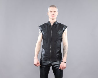 Linnen heren vest met kunstlederen decoratie