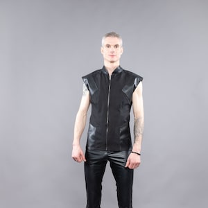 Linen men vest  with faux leather decoration