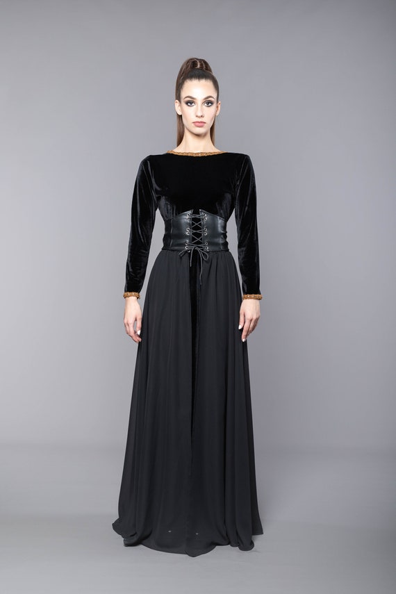 大人も着やすいシンプルファッション Velvet Black Long Dress Leather Eco Corset Separate With ヨガ・ピラティス