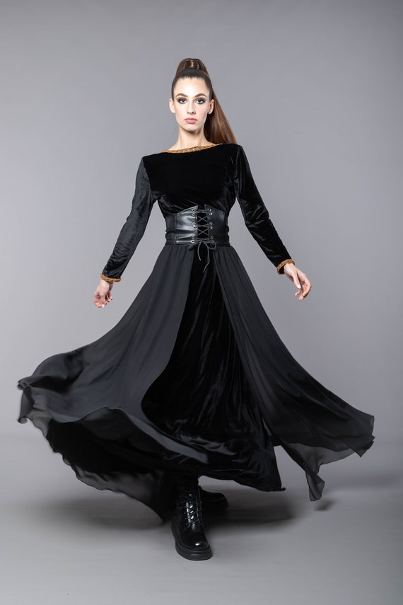 Long Black Velvet Dress With Separate Corset Eco Leather Long Black Velvet Dress With Separate Corset Eco Leather
