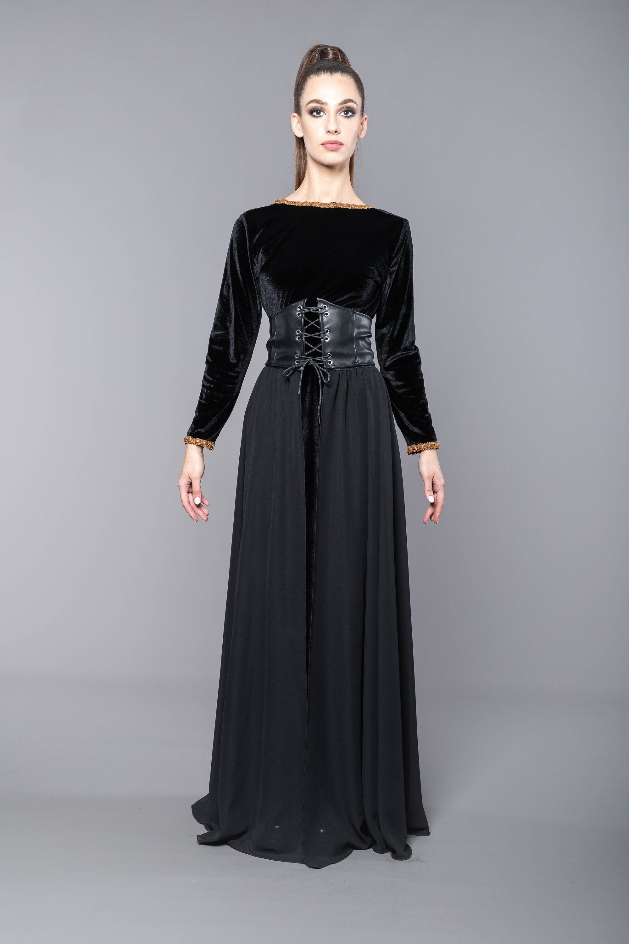 Long Black Velvet Dress With Separate Corset Eco Leather