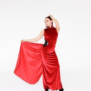 Long red velvet dress with a taffeta train