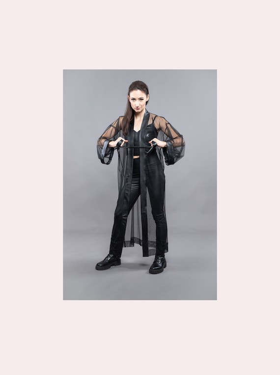 Black long kimono, alternative kimono, tulle dress with faux leather edge