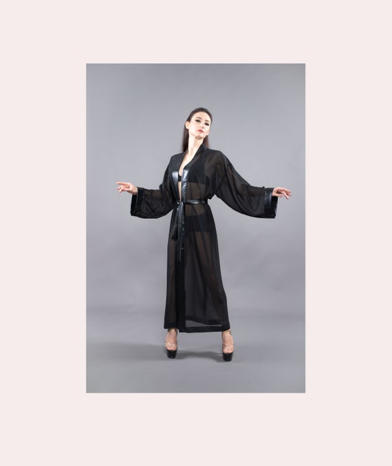 Black long kimono, alternative kimono, chiffon dress with leather edge