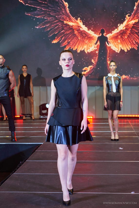 Black Neoprene Mini Dress with Faux Leather Skirt and Full Back Zipper