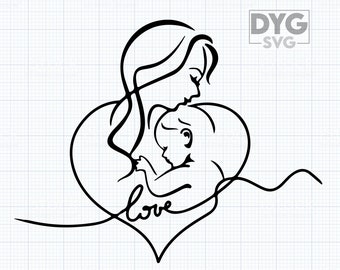 Mother and Baby SVG, Mother's Day SVG, Line Art,  Mommy svg, Mother with son svg, Womans svg, Mom svg ,png, dxf - Digital Download