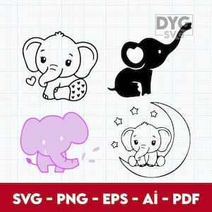 May include: Four different variations of a cute cartoon elephant. The first is a black and white outline of a sitting elephant with a heart on its leg. The second is a black silhouette of an elephant with its trunk raised. The third is a pink elephant with a tail and a few water droplets coming from its trunk. The fourth is a black and white outline of an elephant sitting on a crescent moon with stars in the background.