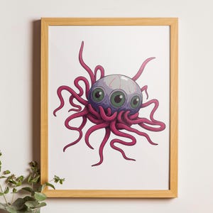 Peut inclure: Impression encadrée représentant une créature de dessin animé avec trois yeux verts, une tête grise et des tentacules roses. L'œuvre est posée sur un fond blanc et encadrée dans un cadre en bois brun clair. Le style rappelle l'art de la bande dessinée.