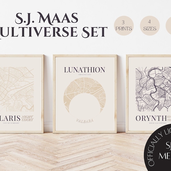 SJM Multiverse Map Prints, Maasverse Velaris Orynth Lunathion Crossover, Officially Licensed Acotar Throne of Glass Crescent City Map Poster