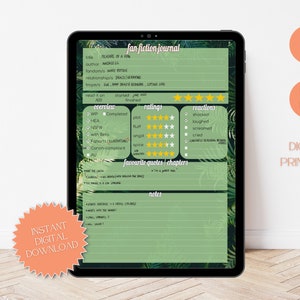 Digital Fan Fiction Tracker Sheet | Printable | Reading Journal | Log | A4 | PDF | PNG | Instant Download | Green Monstera Jungle Design