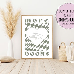 More Books Print - a readers only wish, Monoline Art, fingergun bargain for book lovers, eclectic maximalism wall art decor, literary poster