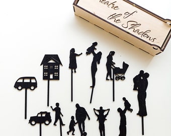 Jeu d'illustrations en bois représentant la famille Théâtre du jeu d'ombres : figurines en bois de la vie quotidienne Activité amusante et divertissante pour les tout-petits : créez des histoires