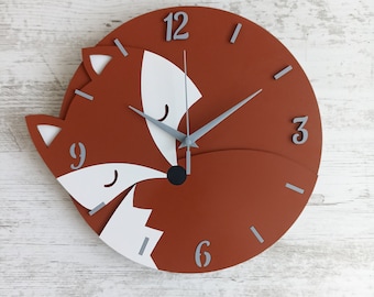 Whimsical Wooden Fox Wall Clock for Nursery Bedroom - Silent Movement - Perfect Gift Idea for Kids - 1st Birthday Present for Boys & Girls