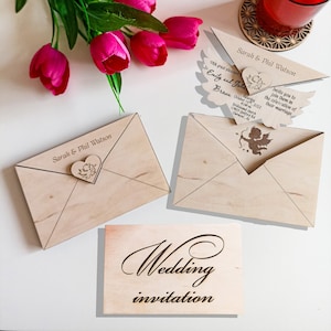 Tarjeta de invitación de boda personalizada, carta, sobre, guardar la fecha, recepción, madera única, grabada, fecha de boda, recepción, ceremonia, evento 23
