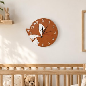 Fox Wall Clock, Wooden Wall Clock, Nursery Room, Silent Movement, Baby Gift Idea, Handmade Art Decor, Kids Room Clock, Woodland Nursery