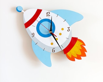 Rocket Wall Clock Nursery Room Wall Clock Silent Movement Wall Clock Newborn Gift Idea Kids Room Decor Boys Room Decor Wooden Wall Clock