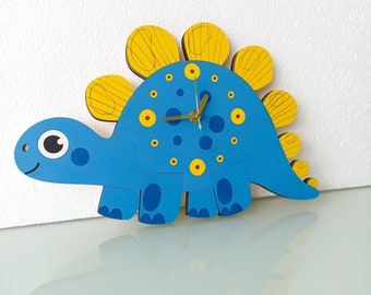 Dinosaur Wall Clock for Kids Room, Stegosaurus Wooden Clock, 3D Blue Yellow Dino Decor, Boys Nursery Clock, Fun Children Bedroom Wall Art