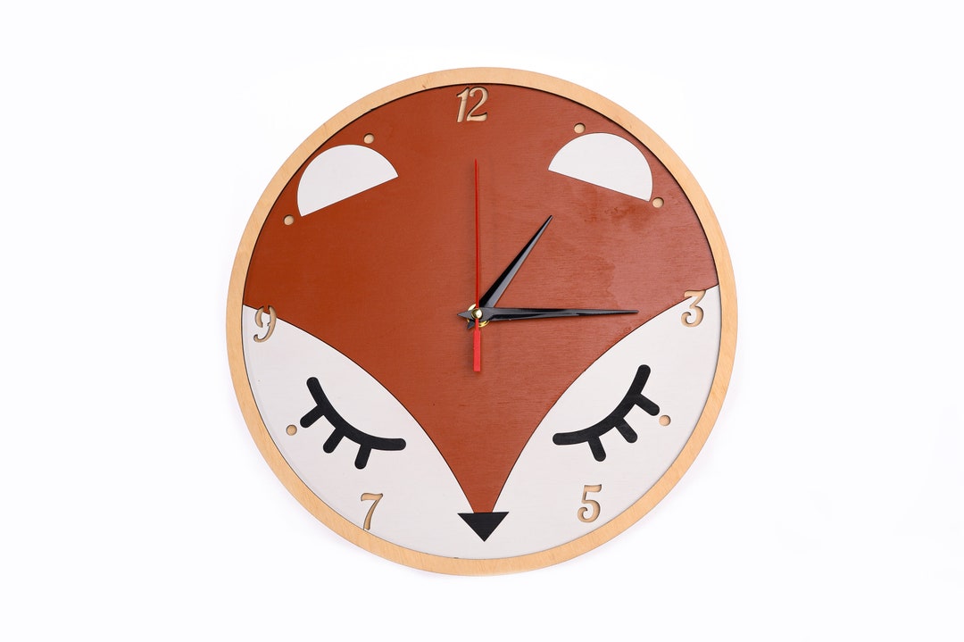 Sleeping Fox Wall Clock Wooden Clock for Nursery Room Silent Movement Handmade Wall Clock Kids
