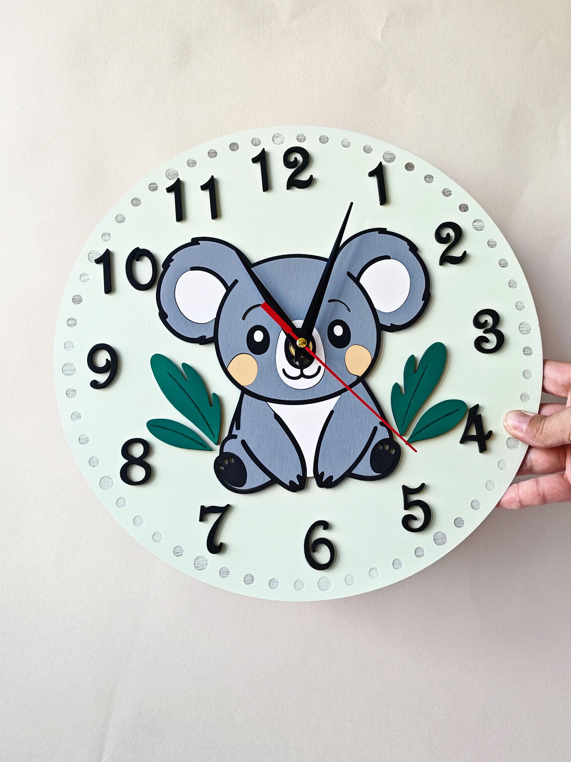Koala Wall Clock, Nursery Room Wooden Clock, Woodland Animal Cartoon ...