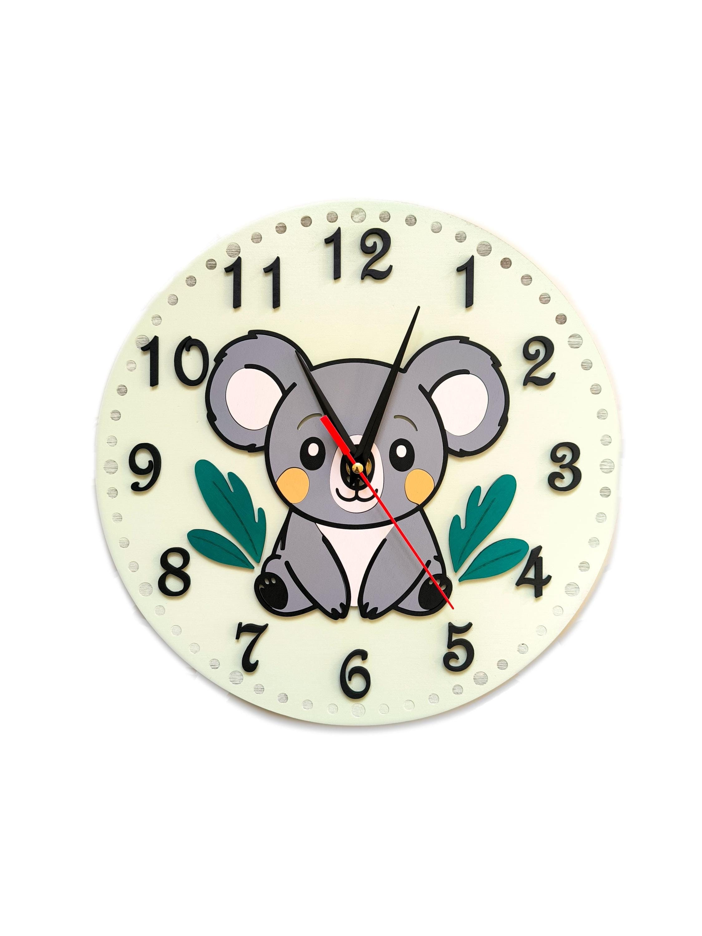 Koala Wall Clock, Nursery Room Wooden Clock, Woodland Animal Cartoon ...