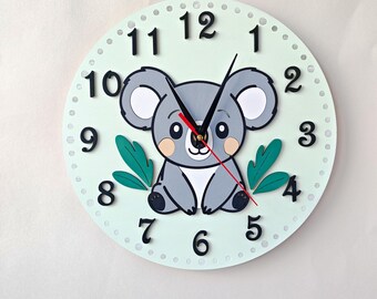 Koala Wall Clock, Nursery Room Wooden  Clock, Woodland Animal Cartoon, Baby Shower Gift, Newborn Room Decor, Silent Mechanism, 1st Bday Gift