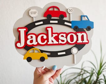 Custom Car Theme Name Sign– 3D Wooden Decor for Boys Room – Personalized Nursery Sign – Kids Room Door Sign with Cars - Playroom Art Gift