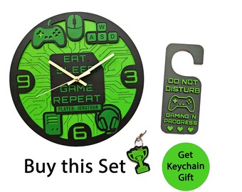 Gamer Wall Clock + Door Hanger – Personalized Gaming Room Decor Set – FREE Keychain Gift – Black & Green Gamer Birthday Gift for Him or Her