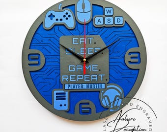 Unique Gamer Wall Clock for Boys Room - Personalized Gift for Kids, Teens, Gamers - Wooden Game Controller Decor - Custom Name Bedroom Clock