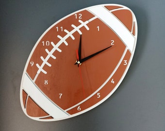 American Football Wall Clock, Sports Decor Boys Room, Gift Teen Bedroom, Unique Timepiece, Wooden Modern Home Accent Art,  Rugby Game Ball