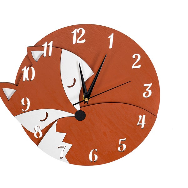 Whimsical Wooden Fox Wall Clock for Nursery Bedroom - Silent Movement - Perfect Gift Idea for Kids - 1st Birthday Present for Boys & Girls