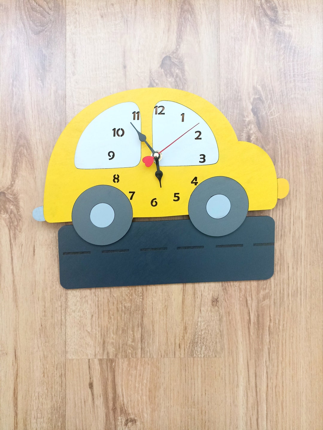 Nursery Boy Clock Yellow Car Wall Clock for Boys Wooden Wall Clock