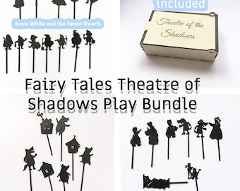 Paquete de marionetas de sombras de cuentos de hadas mágicos con caja de almacenamiento gratuita: Blancanieves, Cerditos, Caperucita Roja - Juego de marionetas de madera para niños