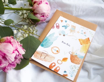 Postkarte "Hallo Baby"  | Karte Geburt Baby Aquarell handgemalt Glückwünsche Kinder Geschenk Baby Geschwister nachhaltig genderneutral boho