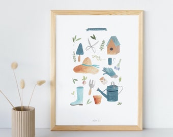 Poster DIN A3 - "Gardening"  | Garten Aquarell Wanddeko Küche Geschenk Weihnachten Mama Eltern Großeltern Frühling Pflanzen