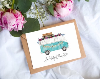 Karte "Hochzeitsbus" - Klappkarte inkl. Umschlag | Hochzeit Geschenk Karten Camper Bus Grußkarte Glückwunsch Boho Liebe Reise Auto