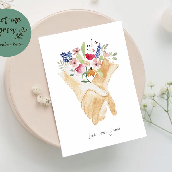 Samenpostkarte "Let love grow" - einpflanzbare Karte Valentinstag Samenpapier nachhaltig Aquarell Hochzeit Glückwünsche Saatgut Blumenpapier