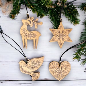 Scandinavian Engraved Maple Wood Reindeer Star Bird Heart Ornaments