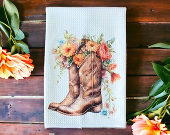 Floral Cowboy Boot Towel, Western Kitchen Towel, Western Wedding Gift