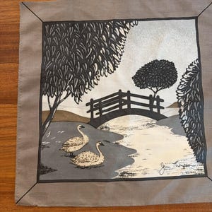 Jim Thompson Vintage Handkerchief Scarf 15.5" X 15.5" Swans Taupe Lake Landscape image 4