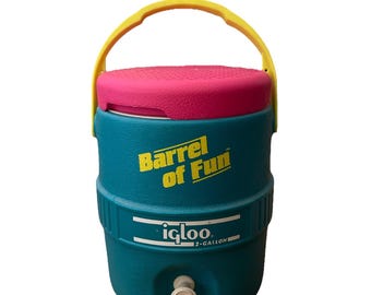 Vintage Summer Igloo "Barrel of Fun" 2 Gallon Cooler Retro 90s Pink Teal Yellow