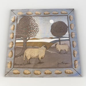 Jim Thompson Vintage Handkerchief Scarf 15.5" X 15.5" Sheep Cloud Border Blue image 1
