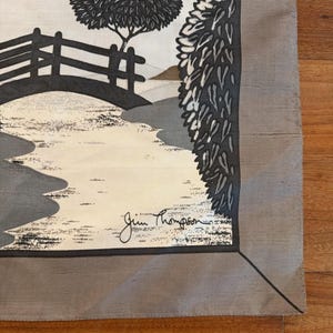 Jim Thompson Vintage Handkerchief Scarf 15.5" X 15.5" Swans Taupe Lake Landscape image 3