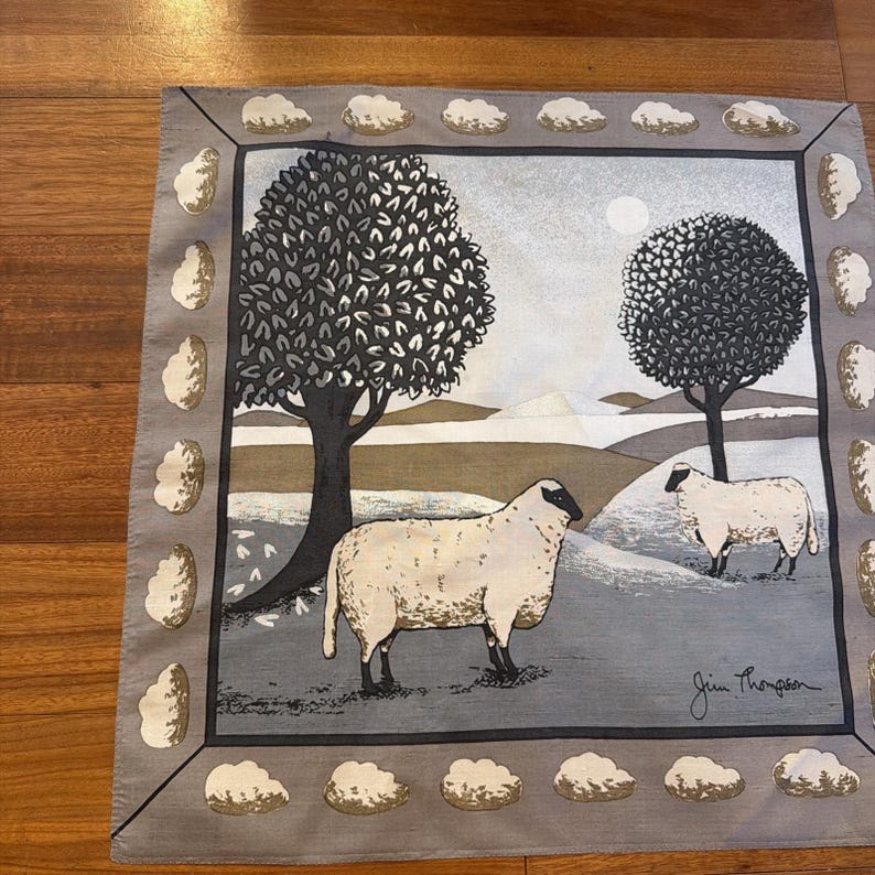 Jim Thompson Vintage Handkerchief Scarf 15.5" X 15.5" Sheep Cloud Border Picture image 4