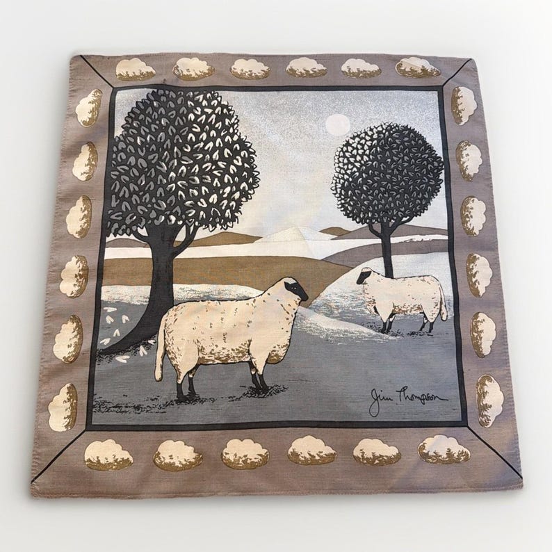 Jim Thompson Vintage Handkerchief Scarf 15.5" X 15.5" Sheep Cloud Border Picture image 1